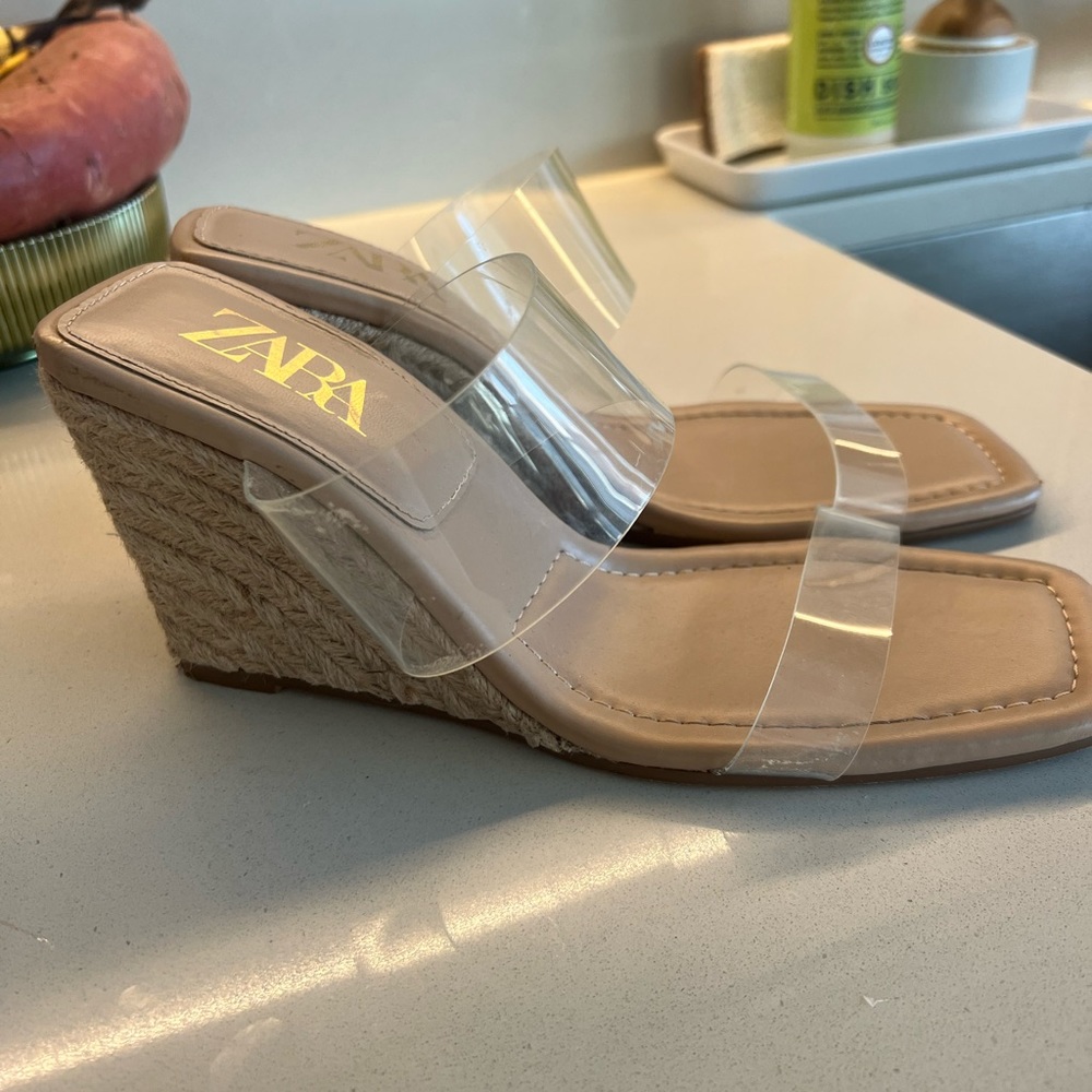 Zara clear strap square toe wedge